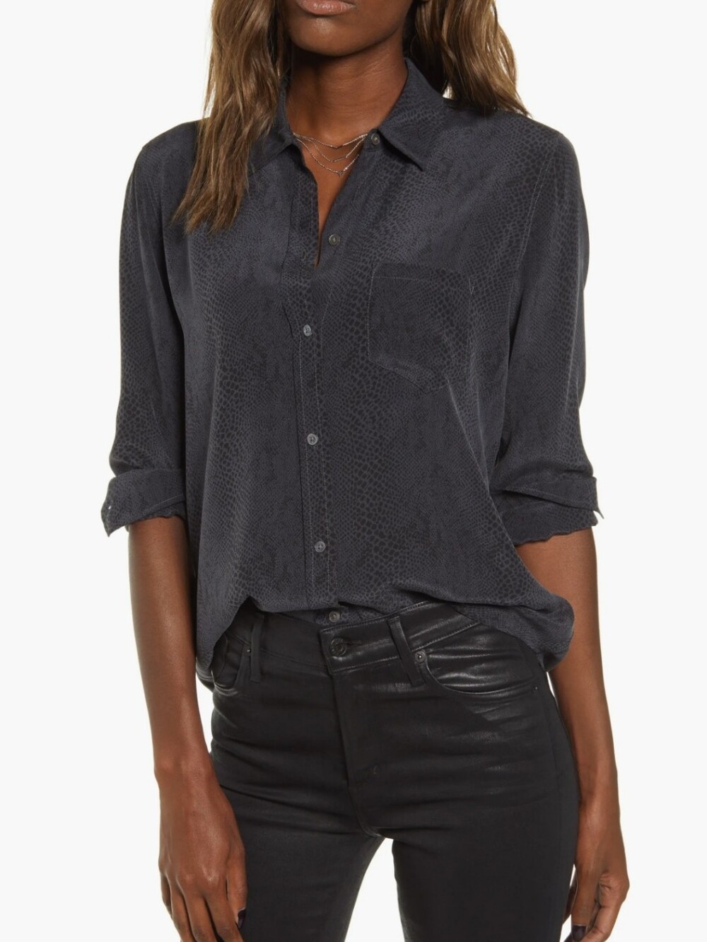 Rails Kate Snake Print 100% Silk Blouse Button Up Charcoal